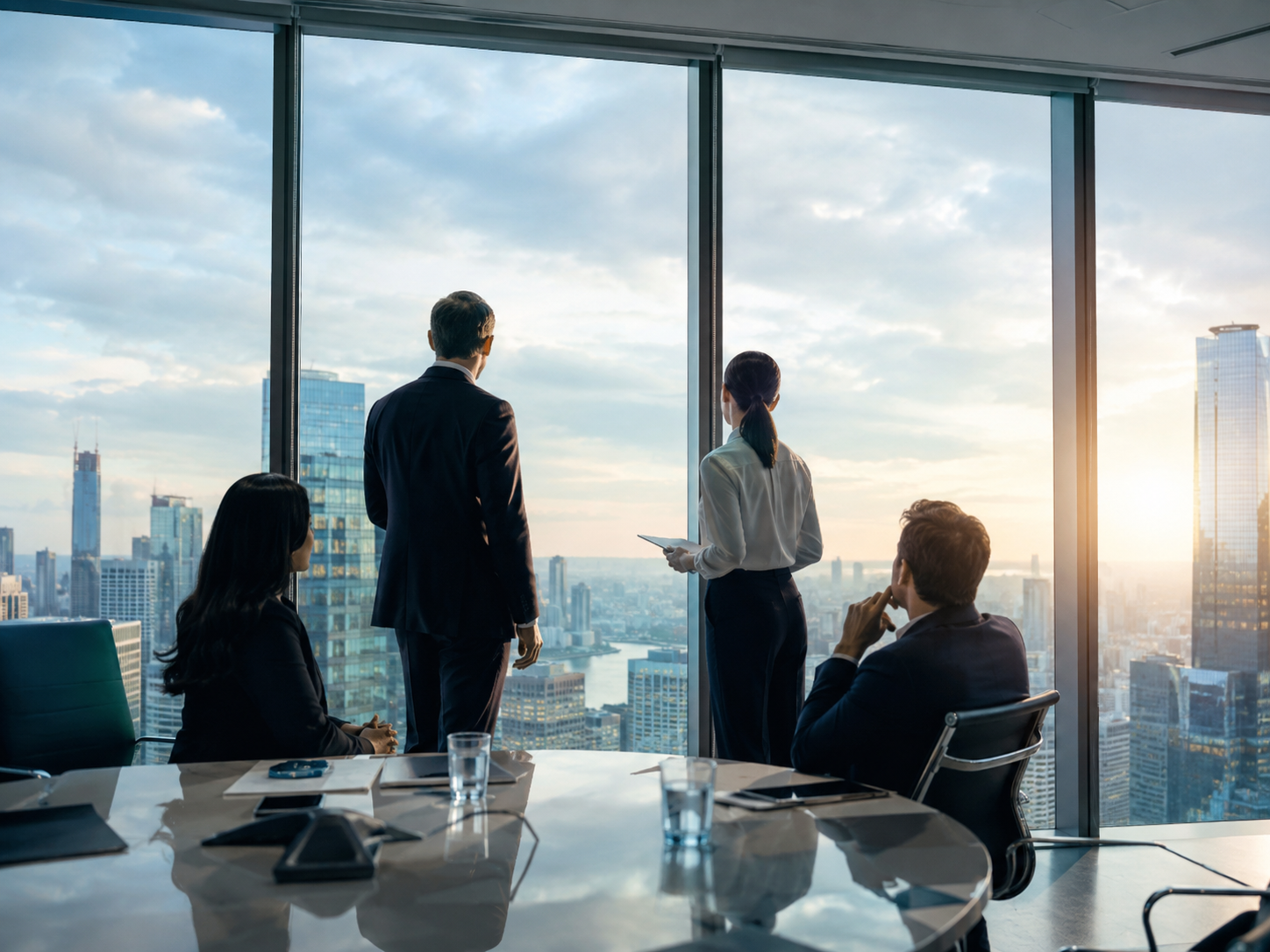 Leadership team discussing strategy in a city-view office